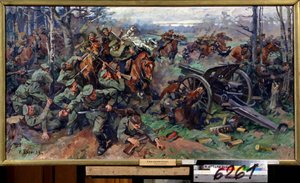 Det ryska kavalleriet laddar det tyska artilleriet 1915 (Det ryska kavalleriet laddar det tyska artilleriet 1915). Målning av Nikolai Yakovlevich Borisov (1873-1942). Olja på duk, 75 x 142 cm, rysk konst från början av 1900-talet. Statens centrala artiller av Nikolay Yakovlevich Borisov