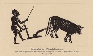Antik grekisk oxdragen plog (litografi) av Nikosthenes