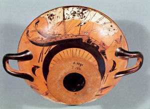 Attisk bägare med svart figur föreställande grekiska segelskepp, ca 520 f.Kr. (keramik) av Nikosthenes