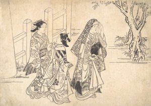 En kurtisan följt av två tjejer, ca. 1690-1751. av Nishikawa Sukenobu