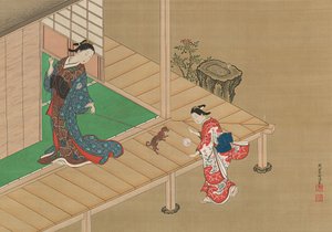 Kurtisan och skötare som leker med en hund, ca. 1716-1736. av Nishikawa Sukenobu