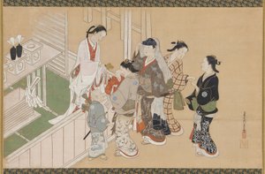 Spädbarns första besök i en Shinto-helgedom, Edo-perioden, sent 1600-tidigt 1700-tal. av Nishikawa Sukenobu