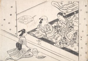 Lady Playing Shamisen, med sin älskare och skötare i närheten. av Nishikawa Sukenobu