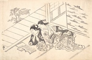 Två kvinnor som ligger på golvet i ett rum och läser en bok, ca. 1730., ca. 1730. av Nishikawa Sukenobu