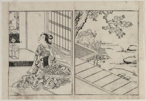 Kvinna som tittar på en hängande rulle, ca. 1740-talet. av Nishikawa Sukenobu