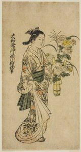 Ung flicka som bär ett blomsterarrangemang av Nishikawa Sukenobu
