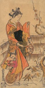 En ung dam i en trädgård. av Nishimura Shigenaga