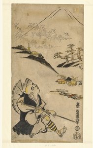 Poet-prästen Saigyo Hoshi tittar upp på berget Fuji