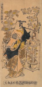Skådespelaren Ogino Isaburo som en ambulerande blomsterförsäljare, ca. 1738., ca. 1738.