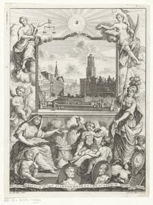 Stadsgezicht met Domkerk te Utrecht en allegorie med Utrechtse stedenmaagd Titelsida för: Elias de Vries, Dissertatio juridica, de jure naturale ac gentium, seu duobus prioribus juris fontibus, 1745. av Noach van der Meer (I)