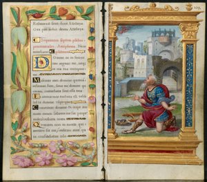 Angränsande löv från en timbok: Penitential Psalms and King David in Prayer (2 av 3 utskurna löv)