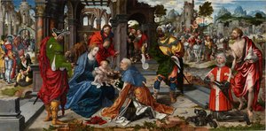 The Adoration of the Magi med donatorn Philippe de Villiers de l’Isle-Adam, ca 1530 (olja på ekpanel)