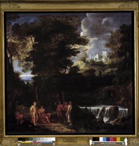 Marsyas spelar flöjt före Apollo och Midas Satyren trotsar guden Apollo, kung av lyra inför kung Midas och muserna
