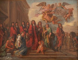 Rådmännen i Paris lämnar Hotel de Ville för att tacka Notre Dame efter Seneffes seger 1674, ca 1681 (olja på duk)
