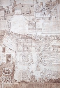 En trädgård till ett stadshus, med parterrer och vinpergola, omgiven av byggnader, ca 1677 (penna & brunt bläck med brunt tvätt)