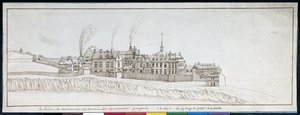Abbey of Montmartre, med skorstenar som röker (penna och bläck på papper) av Noel Gasselin