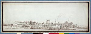 Chateau de Vincennes, med skorstenar som röker (penna och bläck på papper)