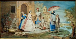 Komikern och dramatikern Jean Baptiste Poquelin dit Moliere (ett knä mot marken) och hans komiker i stycket Georges Dandin ou le mari confused””” 1668. Julmålning Coypel (1628-1707) Samling 1668 Jacques Lorcey
