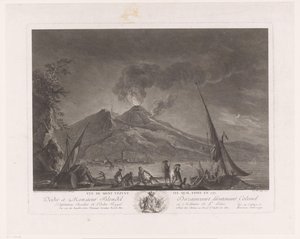 Landskap med fiskare och aktiv Vesuvius Vue du mont Vesuve tel quil etoit en 1757 (titel på objekt)