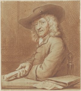 Porträtt av ritaren Jan Pietersz. Zoomer, med hatt och pappersrulle av Norbert van Bloemen