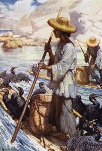 Kina: Fiske med skarv (färg litho) av Norman Hardy