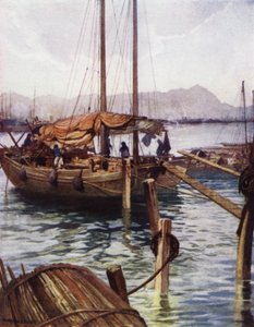 Kina: Hong Kongs hamn (färg litho)