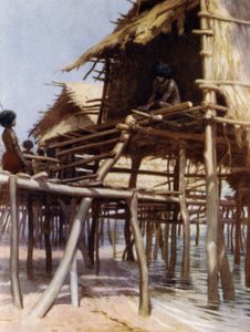 I Pile Dwellings på Hanuabada, Port Moresby, Brittiska Nya Guinea (färg litho) av Norman Hardy
