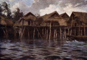 Motu Village from the Sea (färg litho) av Norman Hardy