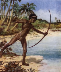 Infödd Archer som skjuter fisk, brittiska Salomonöarna (färg litho)