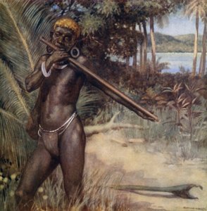 Solomon Islander spelar "Ivivu" eller flöjt (färg litho) av Norman Hardy