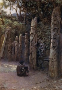 Stenen "Demits", eller själarna, med tillhörande träfigurer, Malekula Island, New Hebrides (färg litho)