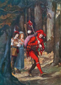Rosalind och Celia i Ardenskogen. Som ni behagar - Akt II, Scen 4 (färglitografi)