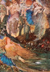 Titania sover, Midsommarnattsdröm, akt II Scene 2, illustration från "Tales from Shakespeare" av Charles och Mary Lamb