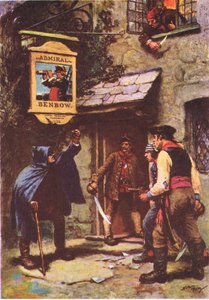 En man lutade sig ut i månskenet, från Treasure Island publicerad av MacDonald 1947 (färg litho)