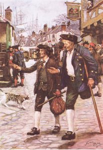 Jim och Long John Silver i Bristol, från Treasure Island utgiven av MacDonald 1947 (färg litho)