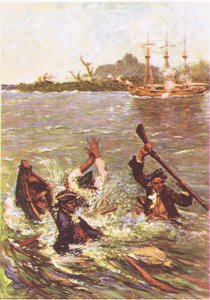 Båten sjönk vid aktern i tre fot vatten, från Treasure Island publicerad av MacDonald 1947 (färg litho) av Norman Mills Price