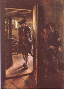 Vi var båda gömda av den öppna dörren, från Treasure Island publicerad av MacDonald 1947 (färg litho)