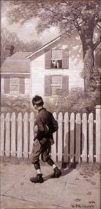 Den magiska fotbollen, "Tommy dök upp vid ett fönster på övervåningen." (Pojke med påssjuka) av Norman Rockwell