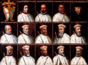 Republiken Genes vapen och porträtt av dogerna - Simone Boccanegra, Ottaviano Fregoso och Antoniotto II Adorno; Andrea Doria. Oberto Cattaneo Lazzari, Battista Spinola, Battista Lomellini, Cristoforo Grilaldi Rosso, Giovanni Battista Doria