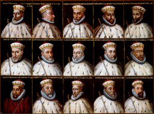 Republiken Genes vapen och porträtt av dogerna. Gio. Battista Gentile Pignolo, Nicolò Doria, Gerolamo De Franchi Toso, Gerolamo Chiavari, Ambrogio Di Negro, Davide Vacca (eller Vaccari), Battista Negrone, Gio Giustiniani Campi, Antonio Grimal