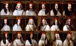 Republiken Genes vapen och porträtt av dogerna. Giovanni Battista Cattaneo, Francesco Invrea, Negrone Bendinelli, Francesco Maria Sauli, Girolamo De Mari, Federico De Franchi, Antonio Cebà Grimaldi, Honored Stefano Ferreti, Domenico De Ma