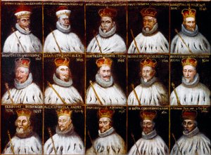 Republiken geners vapen och porträtt av dogerna. Giovanni Stefano Doria, Francesco Gio. Brignole Sale, Agostino Pallavicini, Giovanni Battista Durazzo, Agostino Giovanni De Marini, Giovan Battista Lercari, Luca Giustiniani, Giovanni Battista L av Northern Italian School