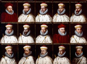 Republiken Genes vapen och porträtt av dogerna. Silvestro Invrea, Gerolamo Assereto, Agostino Pinello Luciani, Alessandro Giustiniani Longo, Tomaso Spinola, Clavarezza Bernardo, Giovanni Giacomo Imperiale (Tartaro), Pietro Durazzo, Ambrog