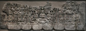 Väggskulptur: Heavenly Gatherings of Buddhas and Bodhisattvas, Handan, Hebei-provinsen, 550-577 (kalksten med spår av pigment)