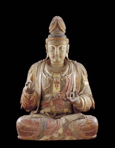 Bodhisattva Guanyin (trä, gesso, mineralpigment och guld)