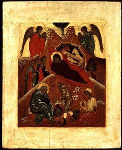Födelseikonen, tillbedjan av magi och frestelsen av St. Joseph, ca 1500 (bladguld och tempera på panel)