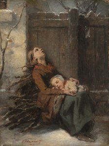 Utblottad död mor håller sitt sovande barn på vintern, ca. 1850.