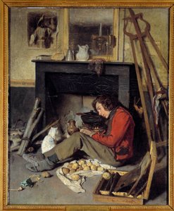 Verkstadsinredning En målare nära sin öppen spis. Målning av Octave Tassaert (1800-1874) 1845 sön. 0,46x0,38 m