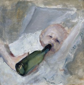 Baby med mjölkflaska (olja på duk)