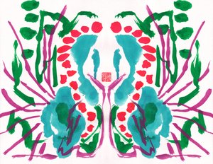 Påfågel Grön Röd Blommigt Mönster, 2023 (gouache på papper, digital)